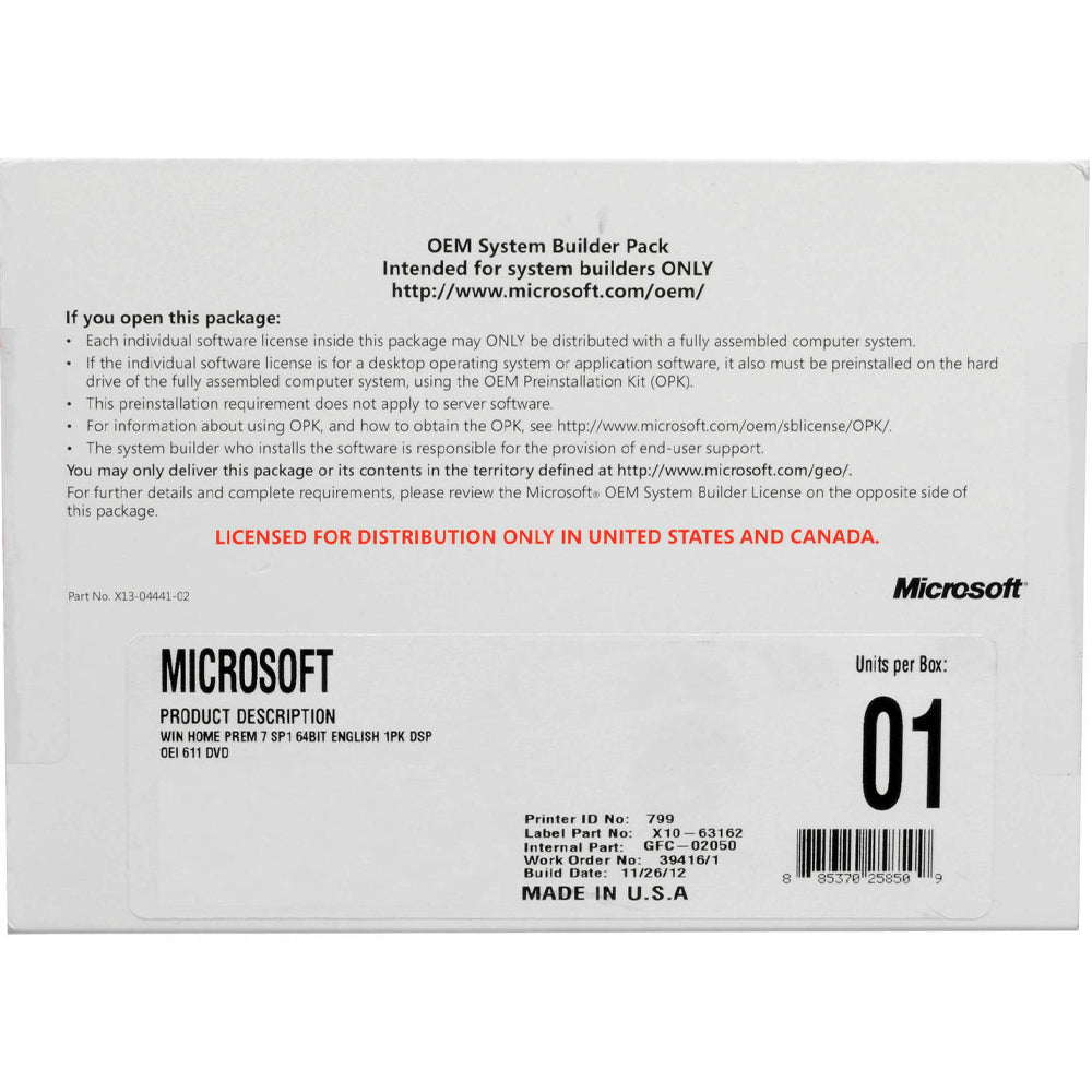 Microsoft Windows 7 Home Premium SP1 GFC-02050 Operating System Software DVD