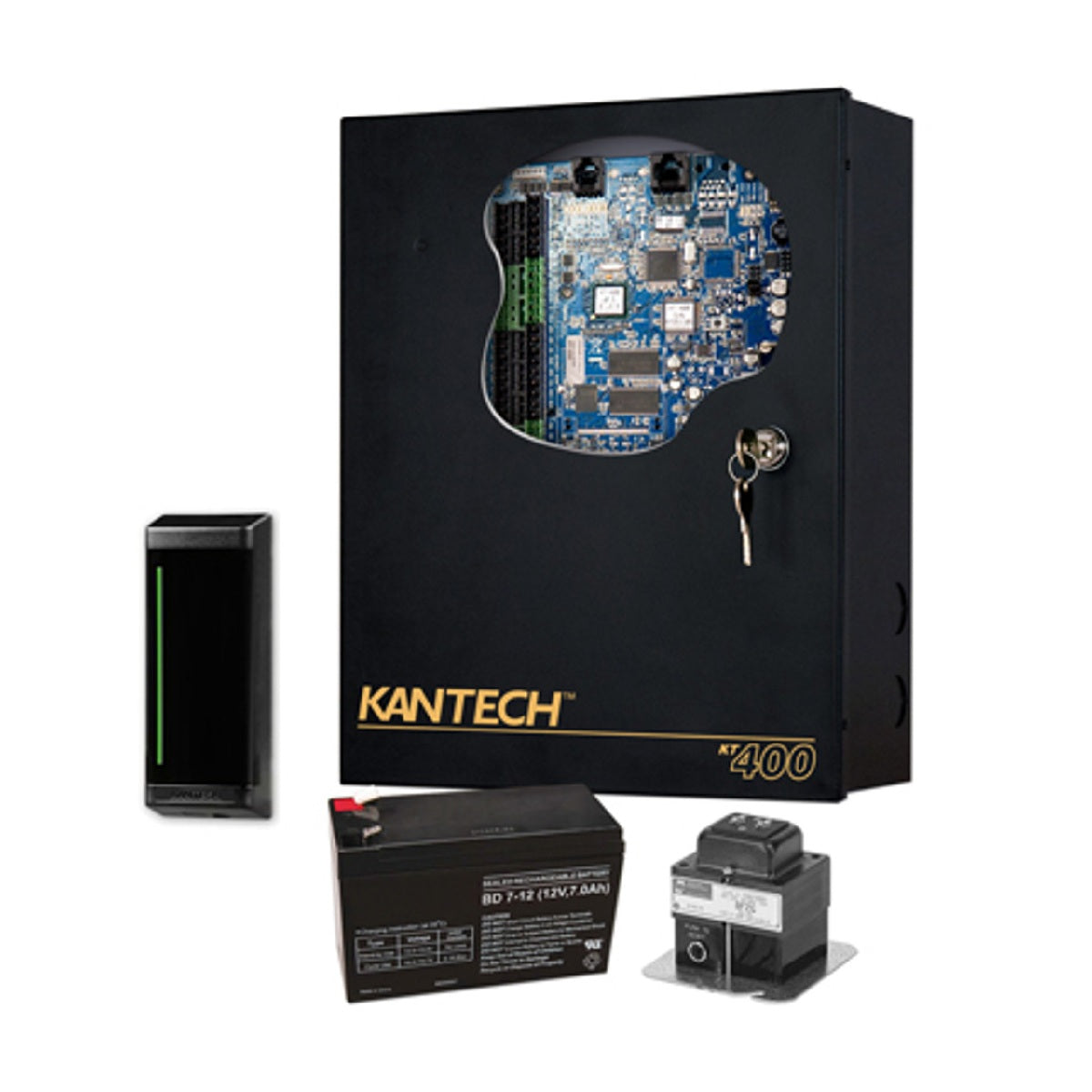 Kantech EK-1M-SCM Expansion Kit with KT-1-M One Door IP Controller PCB with Metal Cabinet, Reader, 120V / 16VAC 40 VA Transformer, 12VDC Power supply and Battery