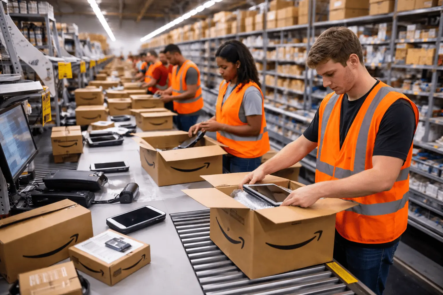 Warehouse team packing electronics into shipping boxes for Amazon SFP 3PL fulfillment.